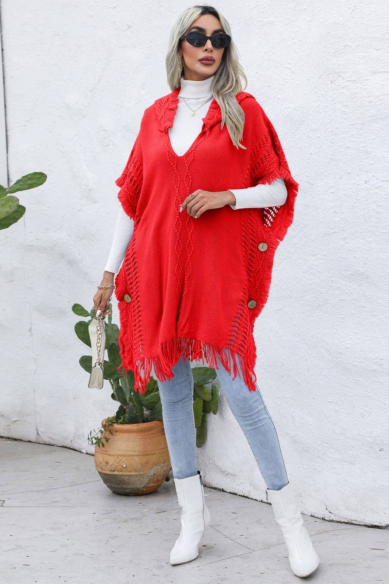 CWOSWL6438_V-NECK FRINGED HOODED MID-LENGTH CAPE KNITTED TOP