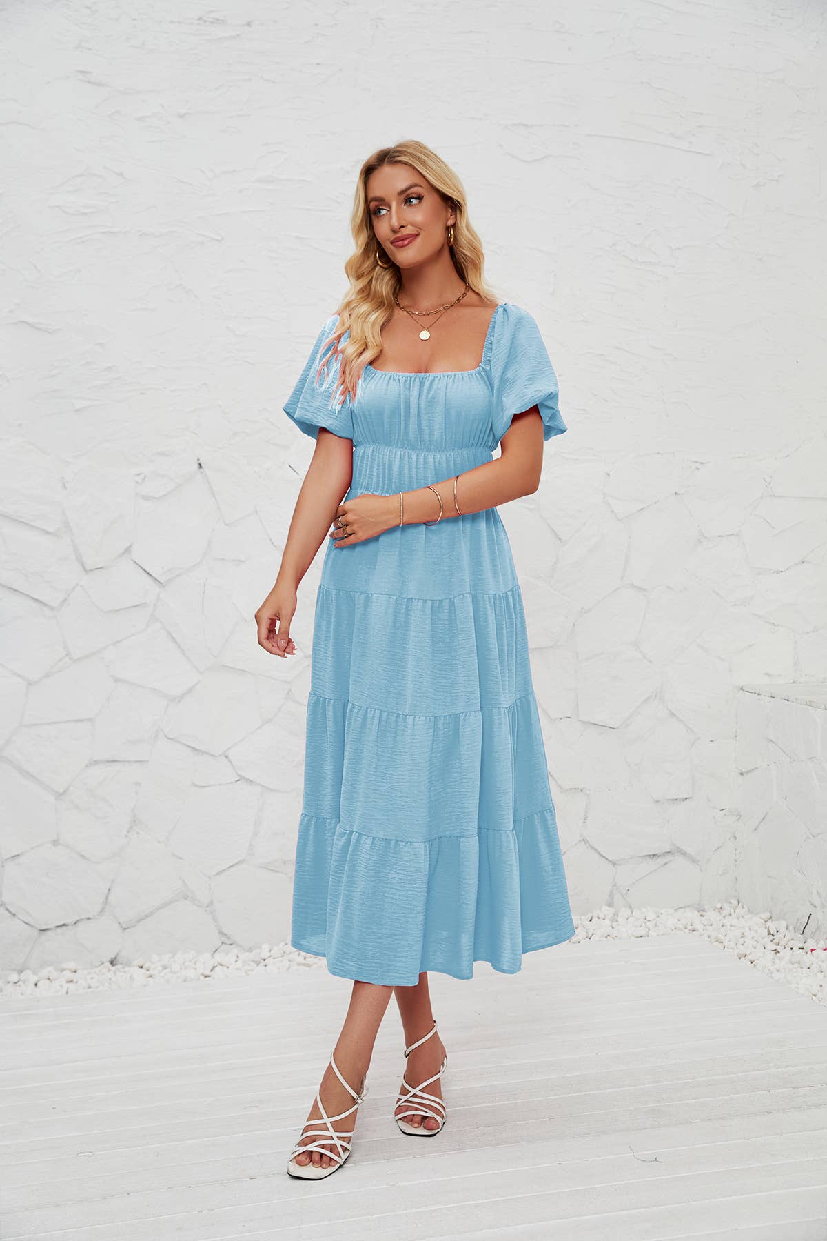 SQUARE-NECK HIGH-WAISTED PLEATED DRESS