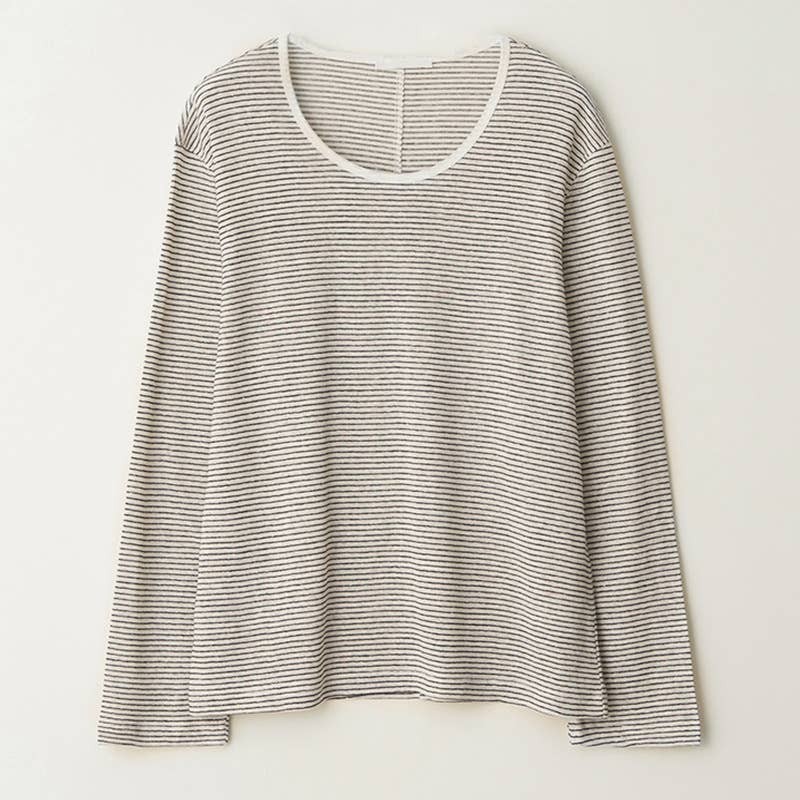 LONG SLEEVE LOOSE COTTON LINEN STRIPED T-SHIRT