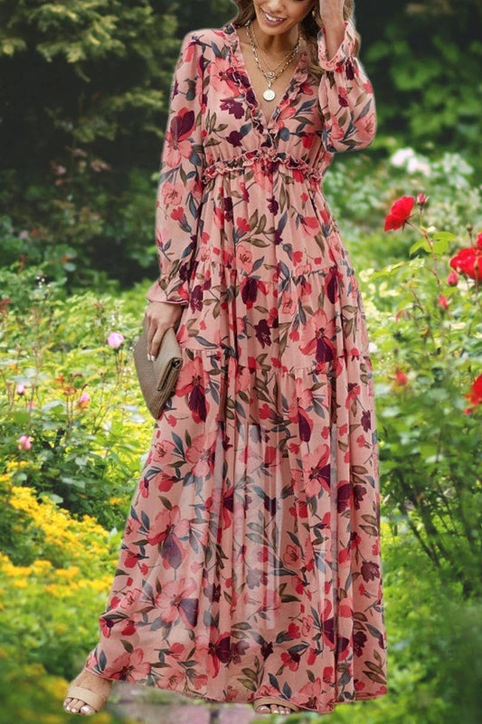 CWDMD6397_V-NECK FLORAL BOHEMIAN HIGH WAIST DRESS