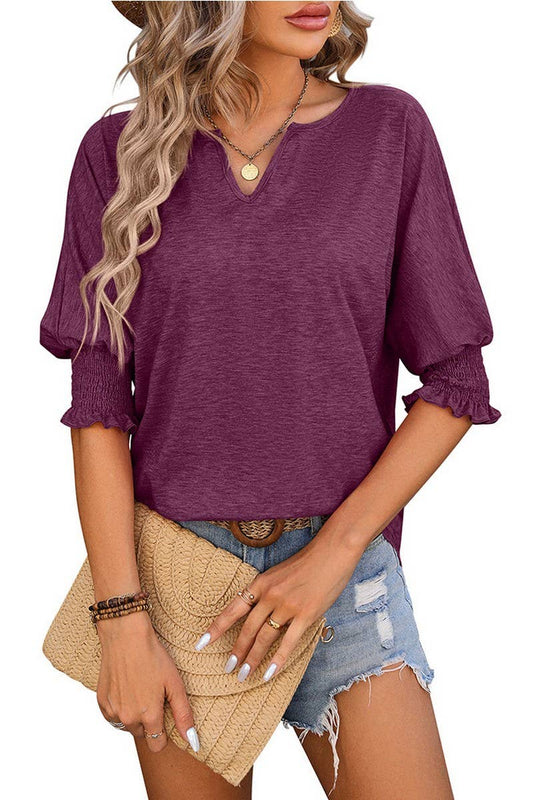 Cwtbls1434_Loose V-Neck Bat Sleeves Colorful Cotton T-Shirt