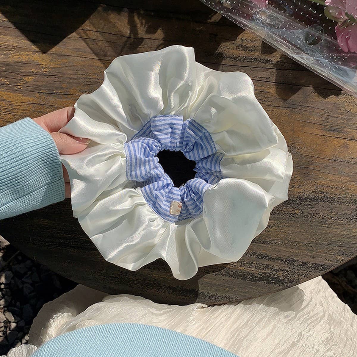 Blue Plaid Satin XL Scrunchie Hair Tie_CWAHA5518