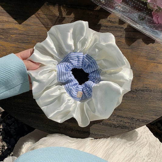 Blue Plaid Satin XL Scrunchie Hair Tie_CWAHA5518