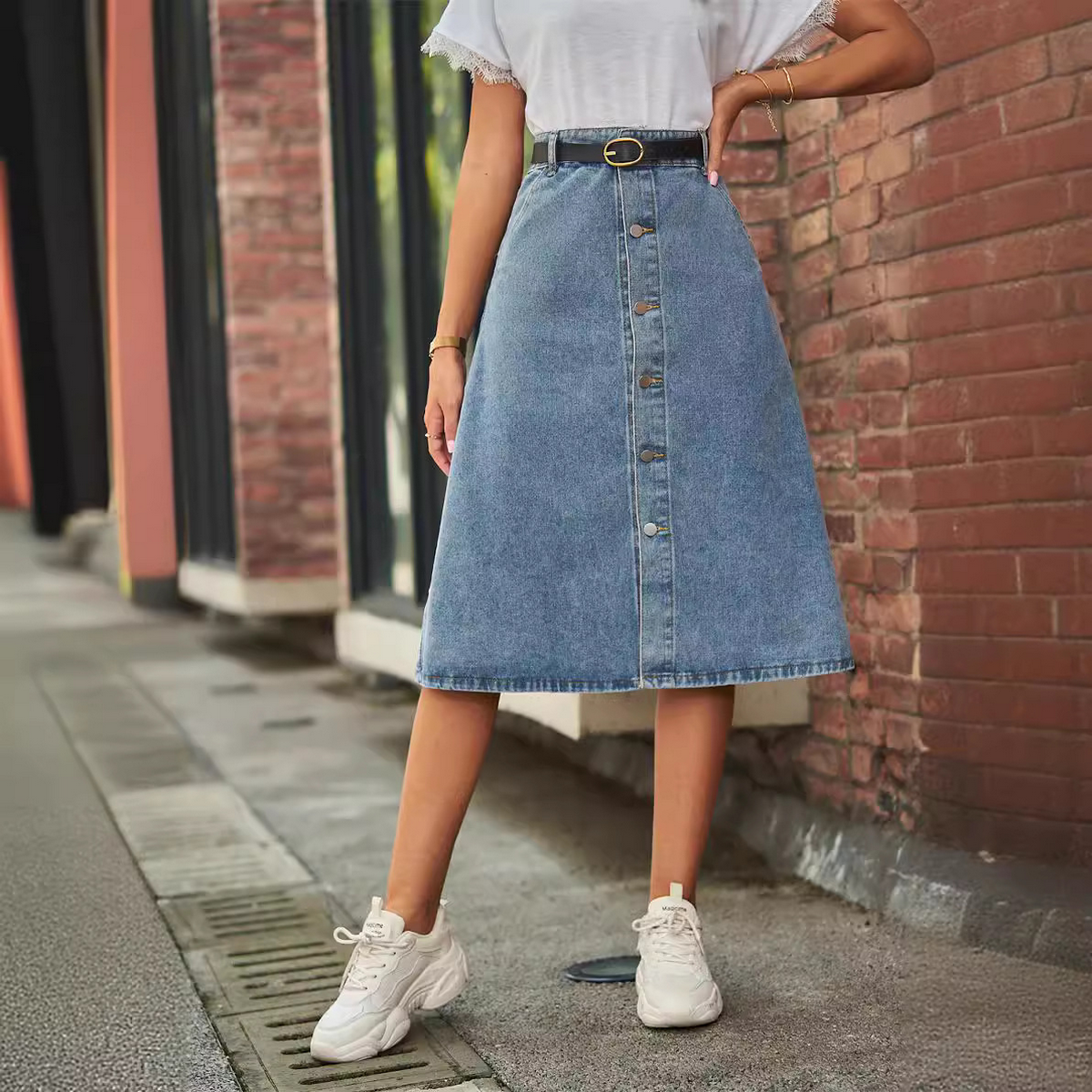 Washed Denim Button Front Skirt for Women Slim