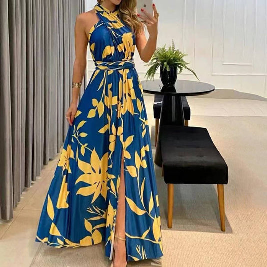 Backless one-shoulder sleeveless print long dress