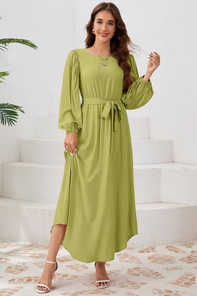 CWDMD4001_ROUND NECK TIE BUBBLE LONG SLEEVE DRESS