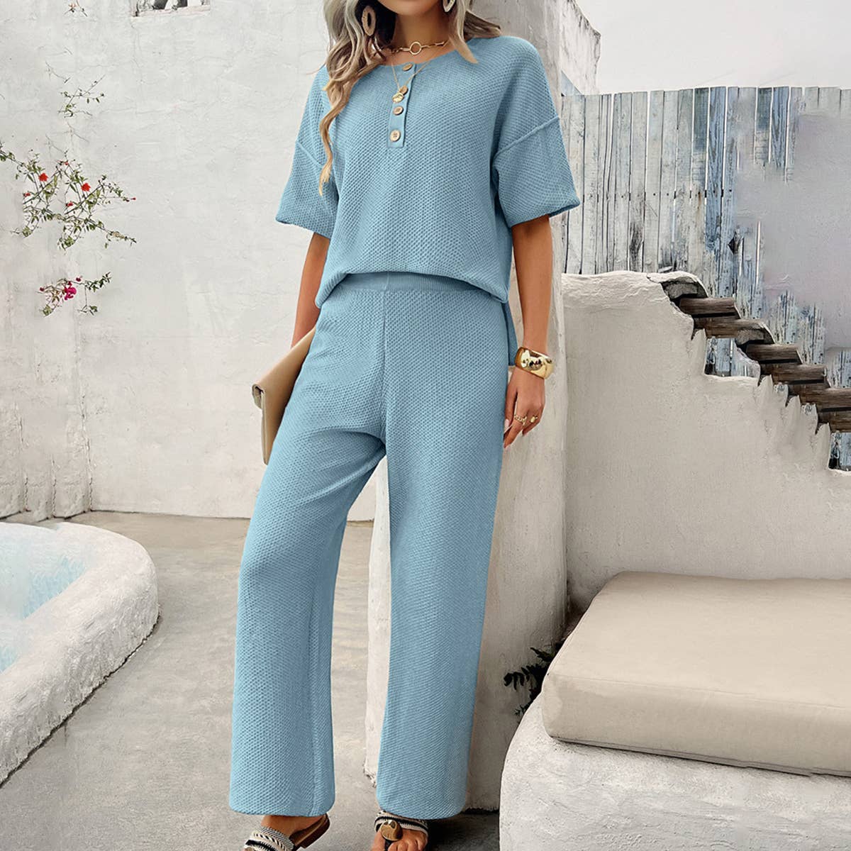SOLID COLOR KNIT SHORT SLEEVE TOP AND PANTS SUIT_CWSTB0513