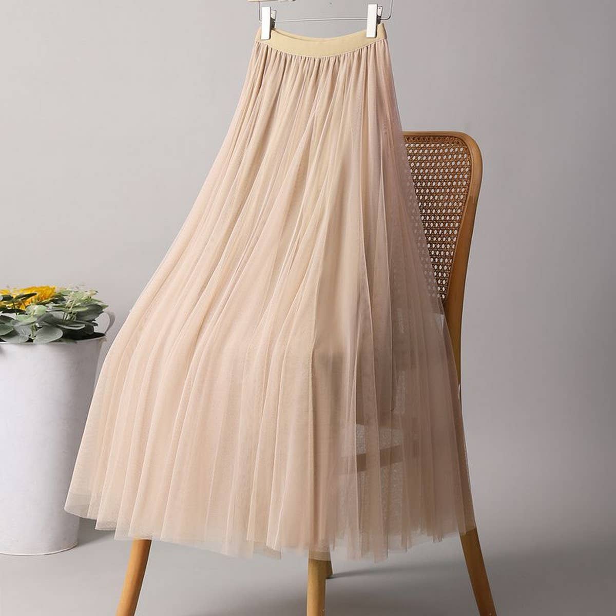SOLID COLOR ELASTIC-WAIST MESH TULLE A-LINE SKIRT_CWBLS0372