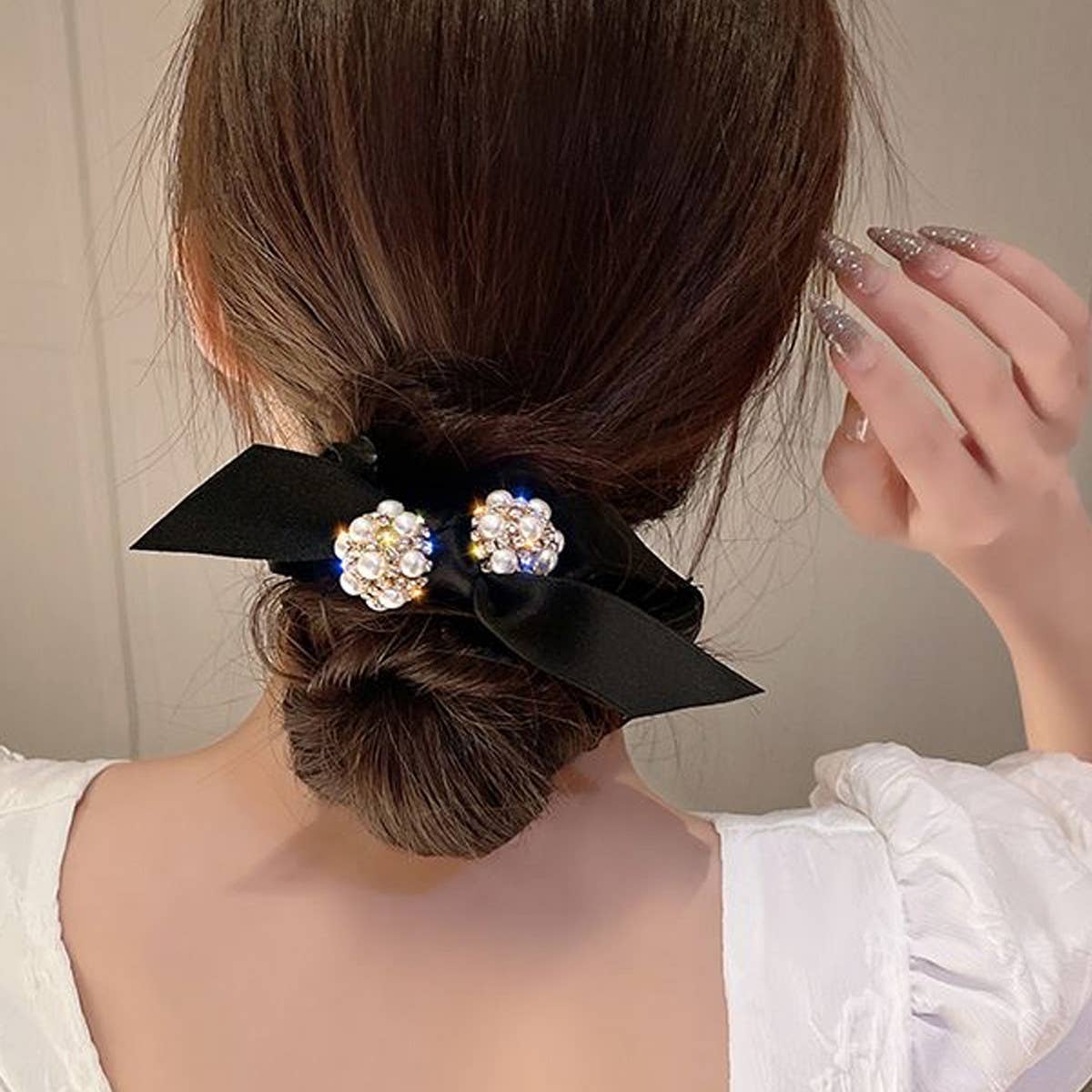 FASHION RHINESTONE PEARL BOW HAIR TIES_CWAHA0505