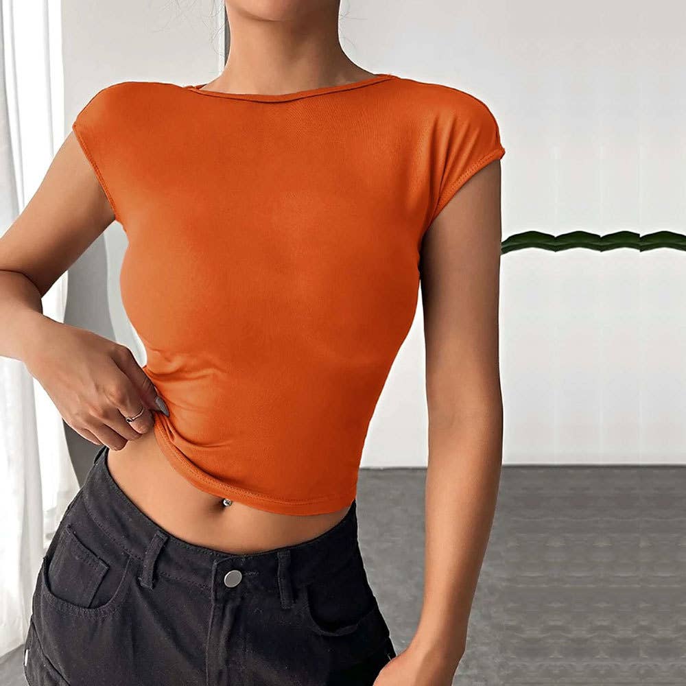 Sexy backless slim knit short-sleeved T-shirt