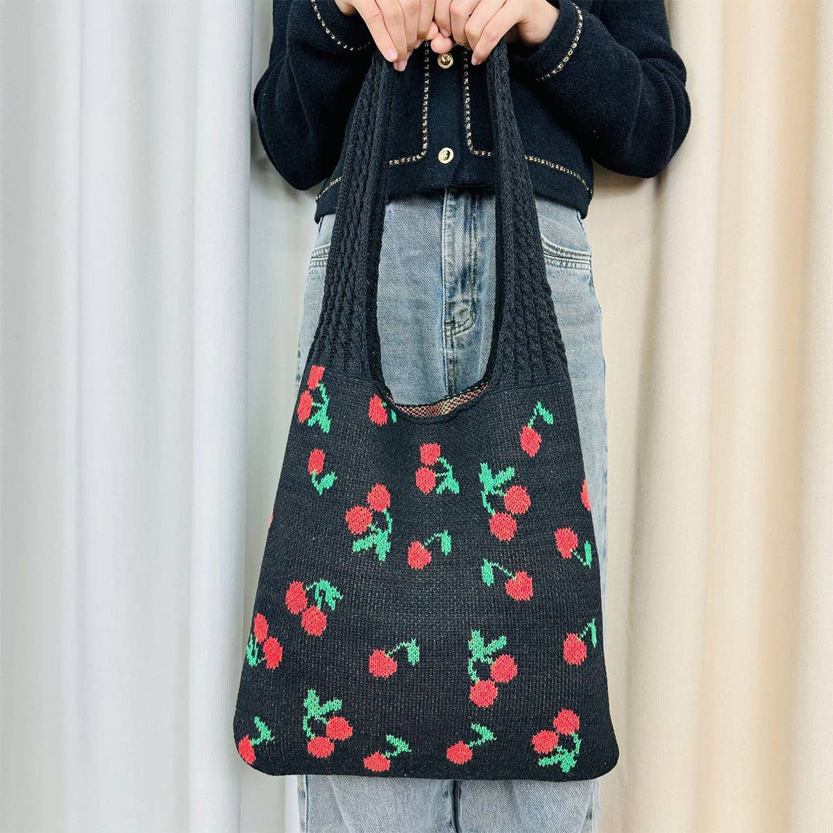 CWAB5062_LARGE CAPACITY KNITTED BOW WOVEN TOTE BAG