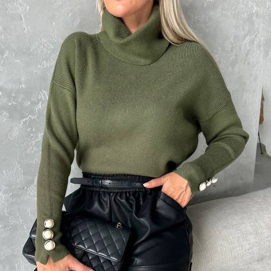 STRIPED TURTLENECK CUFF BUTTON CASUAL SWEATER