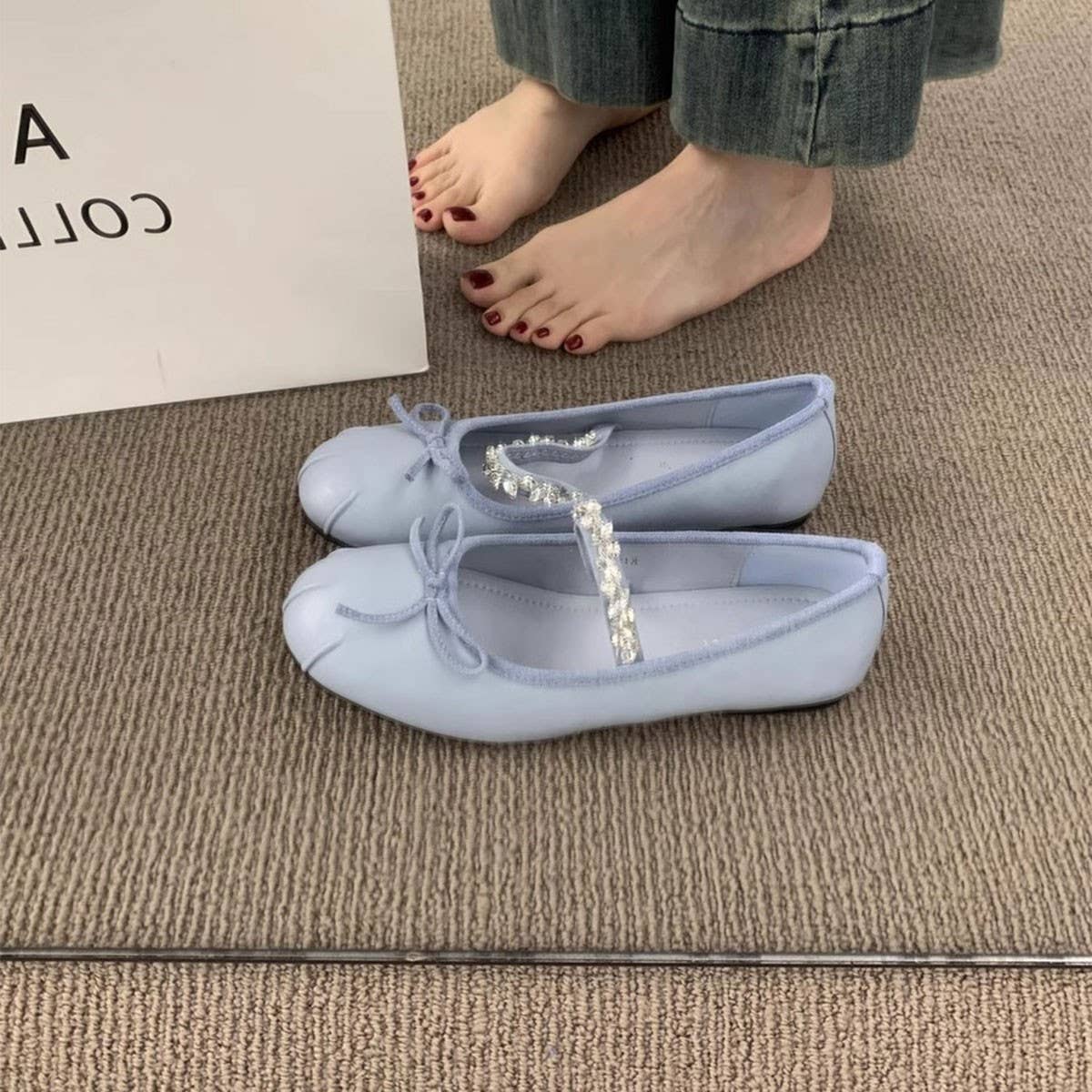 Rhinestone Strap Flat Mary Jane Bow Ballet Flats