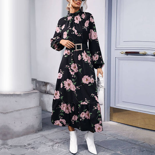 PRINTED LONG-SLEEVED HALF-NECK DRESS