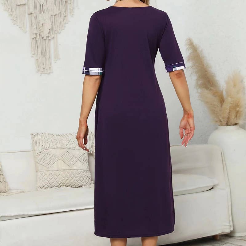 ROUND NECK COLOR CONTRAST IRREGULAR LONG DRESS