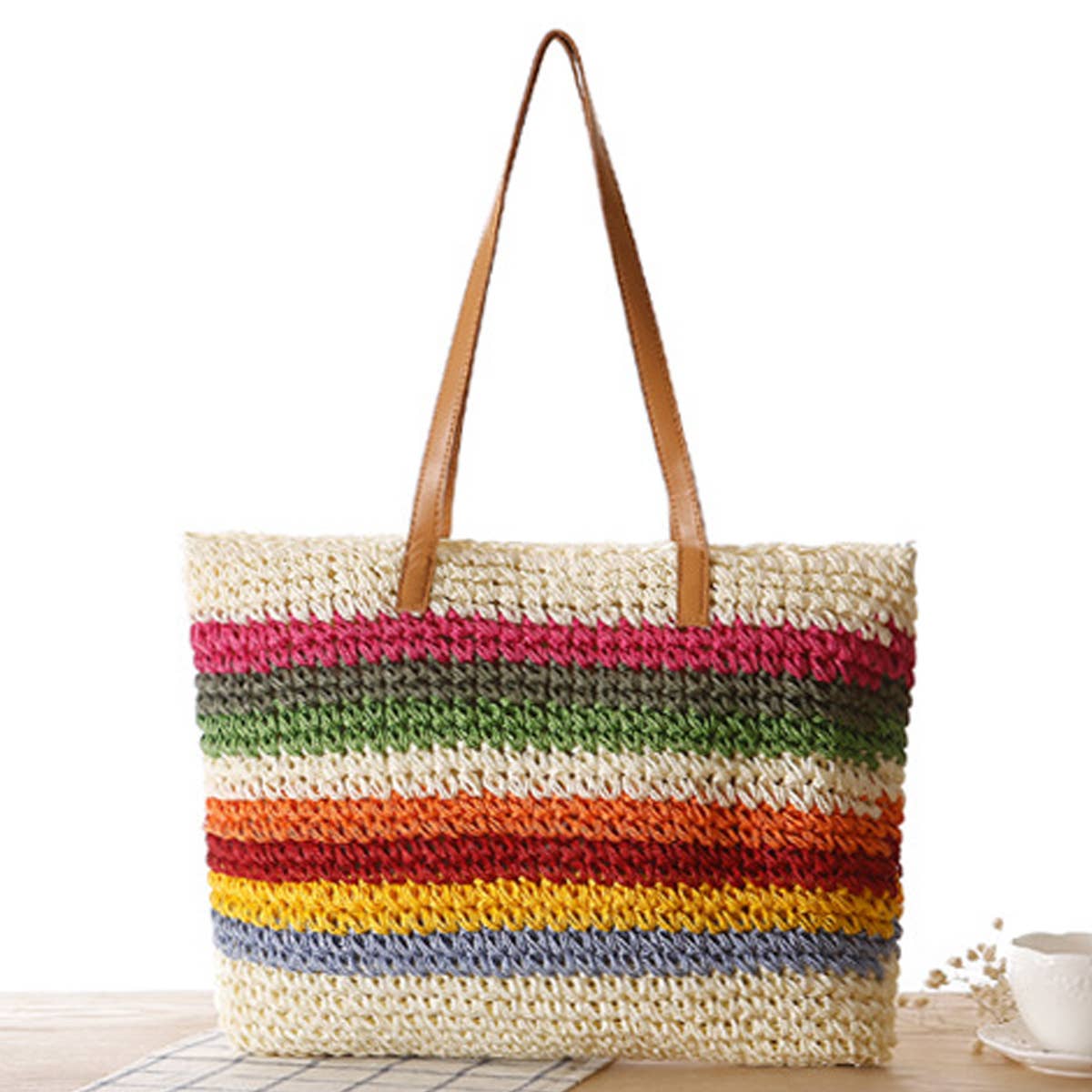 FOREST RAINBOW STRIPED STRAW SHOULDER BAG_CWAB2013