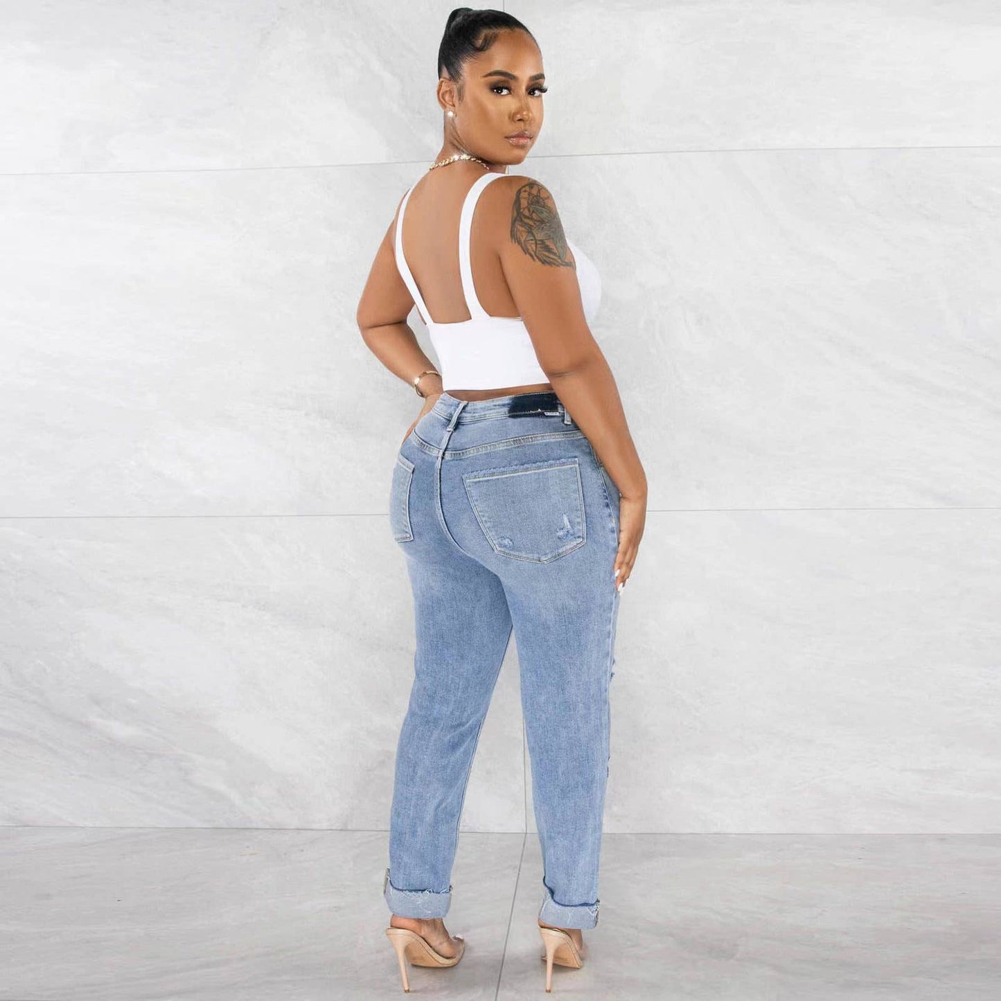 PERSONALIZED RIPPED DIAGONAL BUCKLE STRETCH JEANS