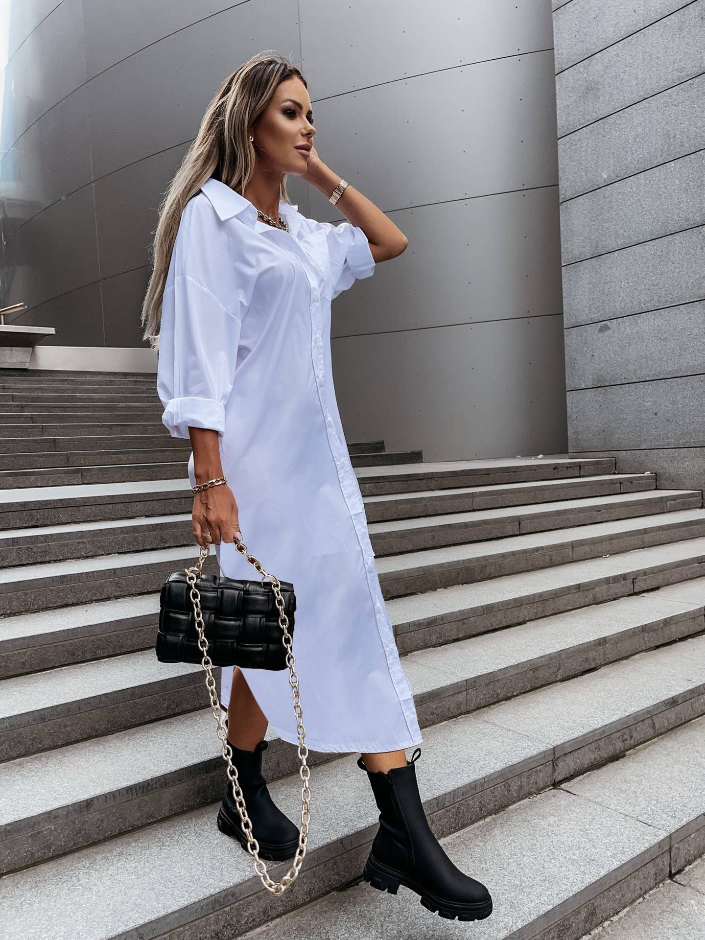 STYLISH SLIT LOOSE CASUAL SOLID COLOR SHIRT DRESS