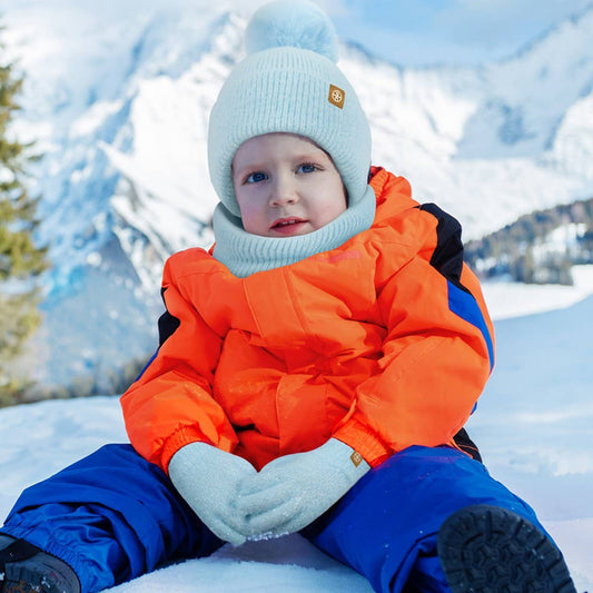 KNITTED POM POM EARMUFF HAT THREE-PIECE SET