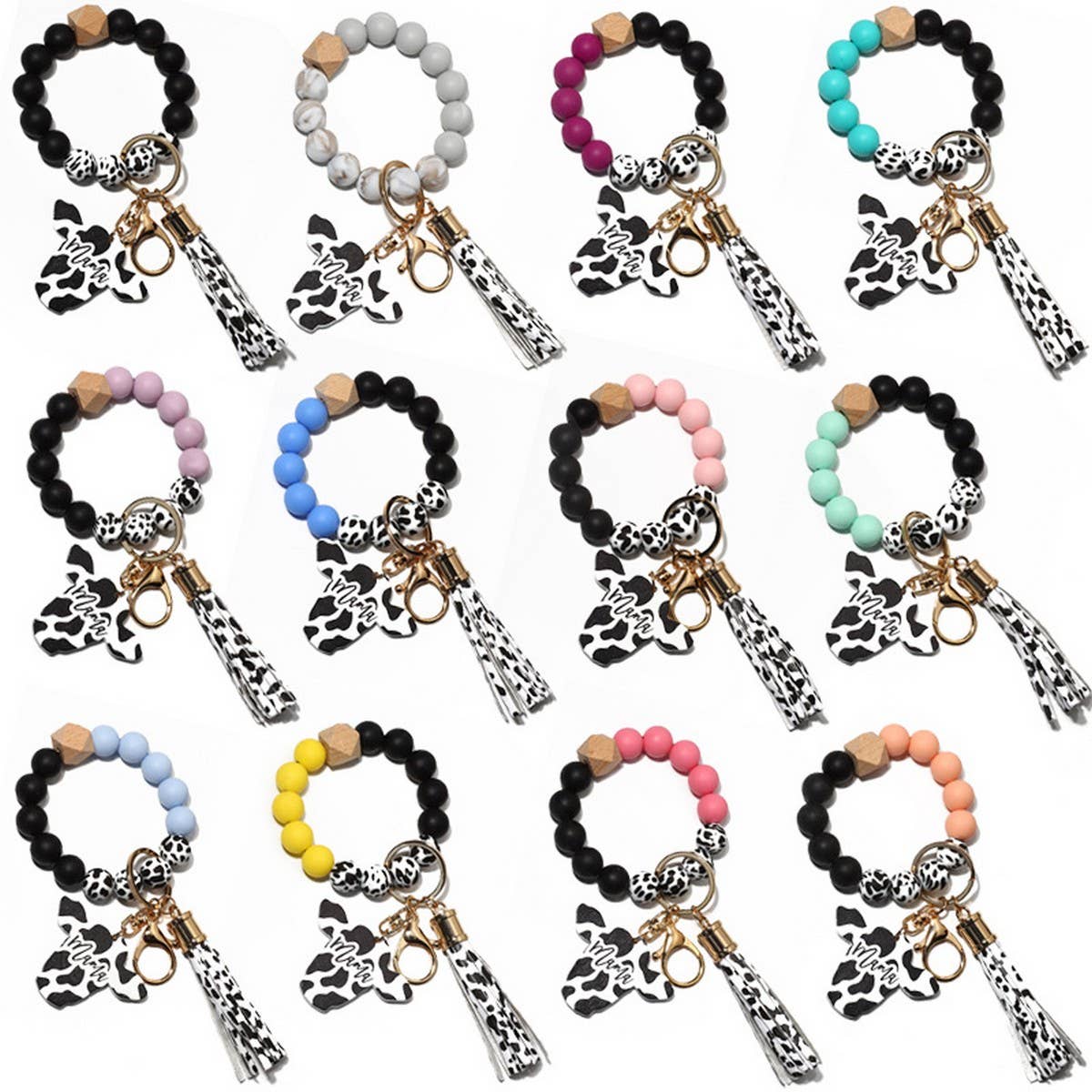 Western Bull Head Keychain Silicone Bead Bracelet_CWAB5027