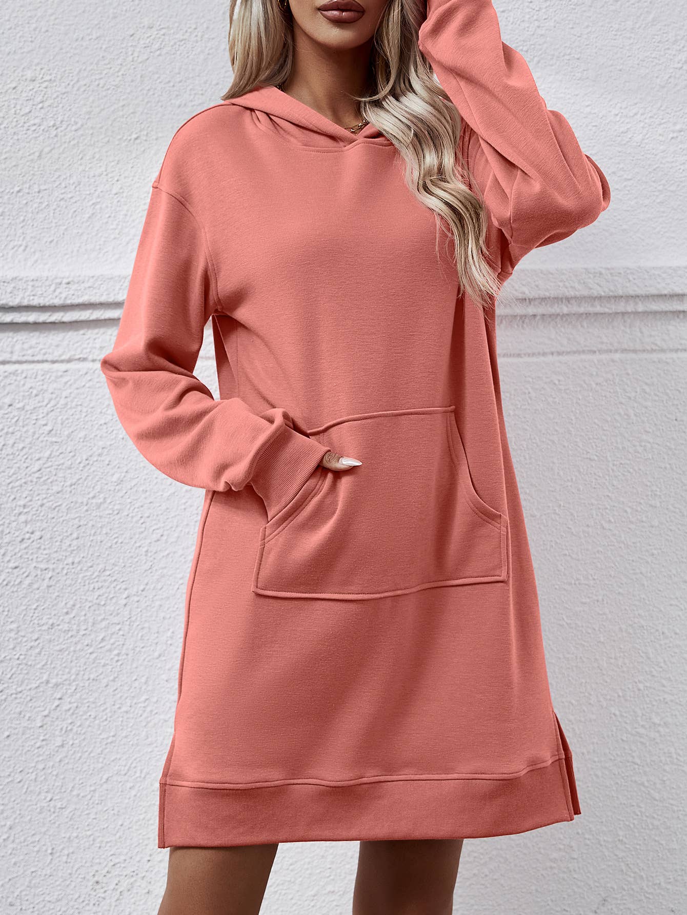 Hooded long-sleeved kangaroo pocket split dress