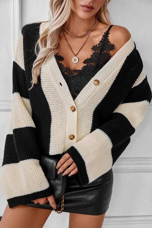 CWOCAL0833_CONTRAST STRIPE LOOSE CARDIGAN SWEATER