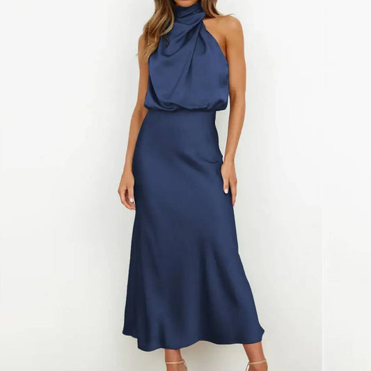 SOLID COLOR SATIN HALTER SLEEVELESS DRESS_CWDMD1302