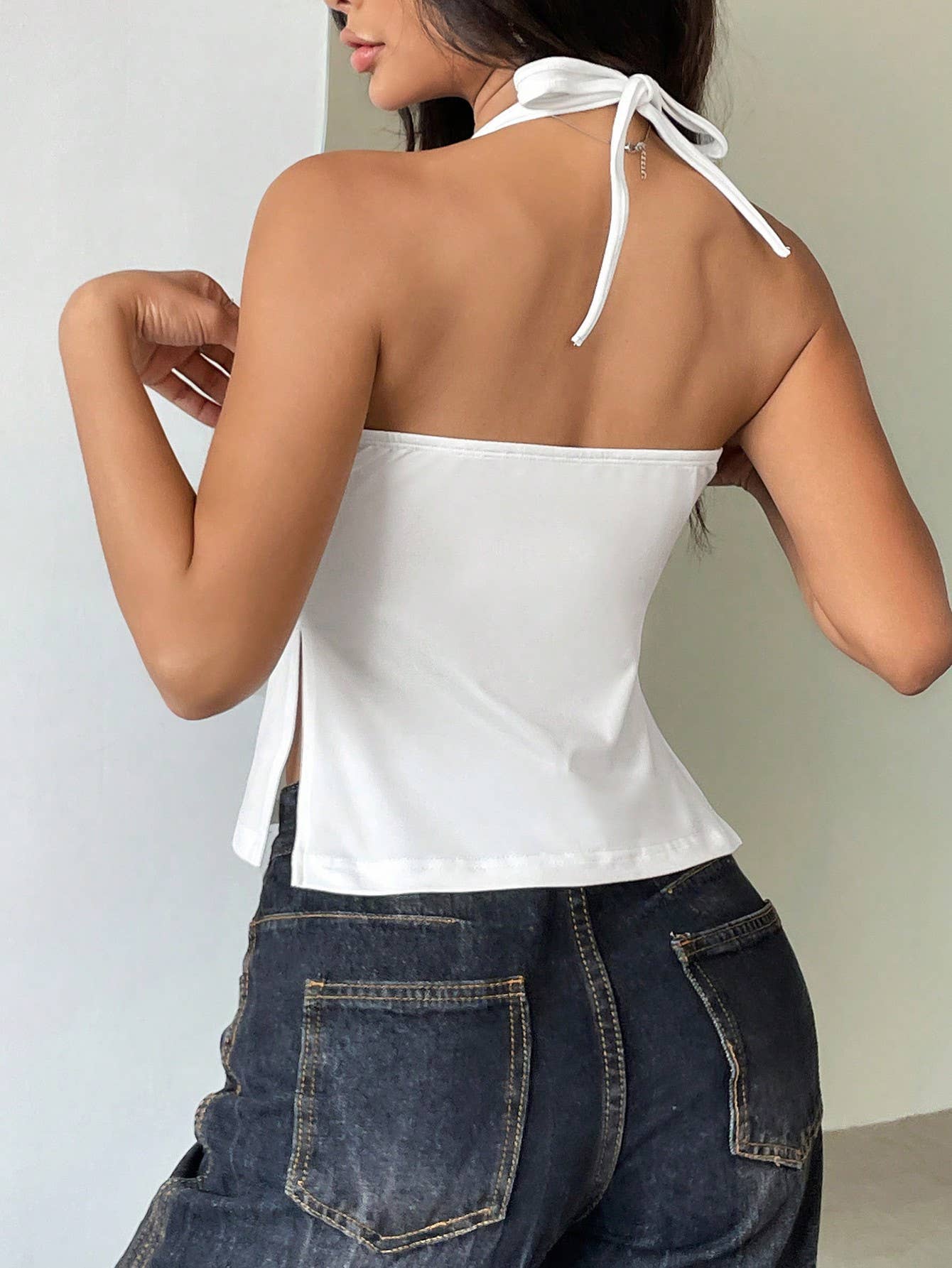 Sexy lace-up halter slim slit solid color Top
