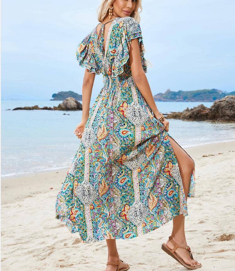 Printed peplum short sleeve split holiday dress