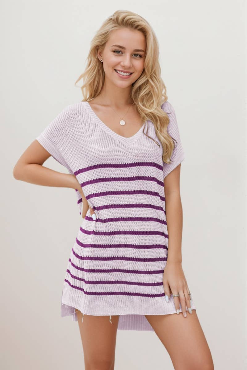 CWDSD3925_V-NECK STRIPED SHORT-SLEEVED KNITTED SHORT DRESS