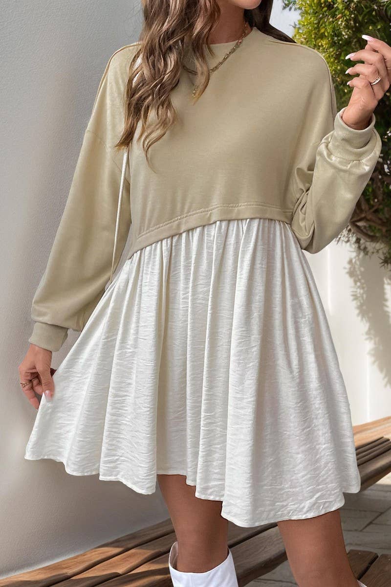 CWDSD6208_ROUND NECK CONTRAST COLOR PANEL LONG SLEEVE DRESS