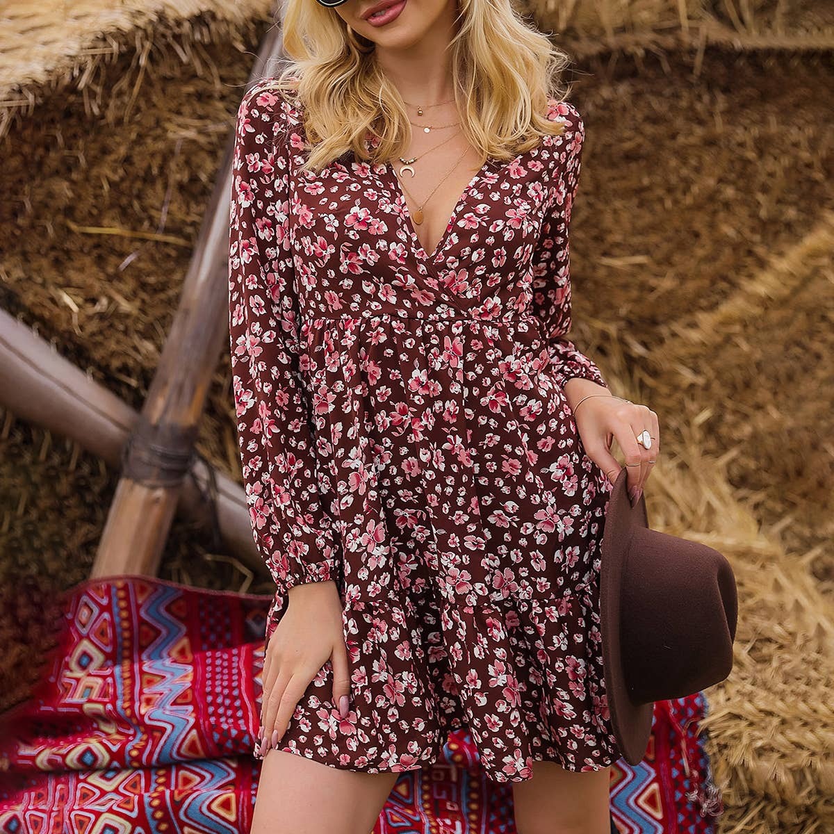 STYLE DEEP V-NECK PRINTED LONG DRESS