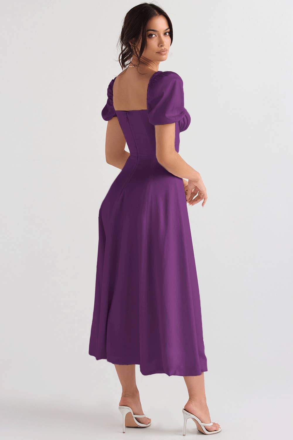 Sexy square neck A-line puff sleeve slit dress