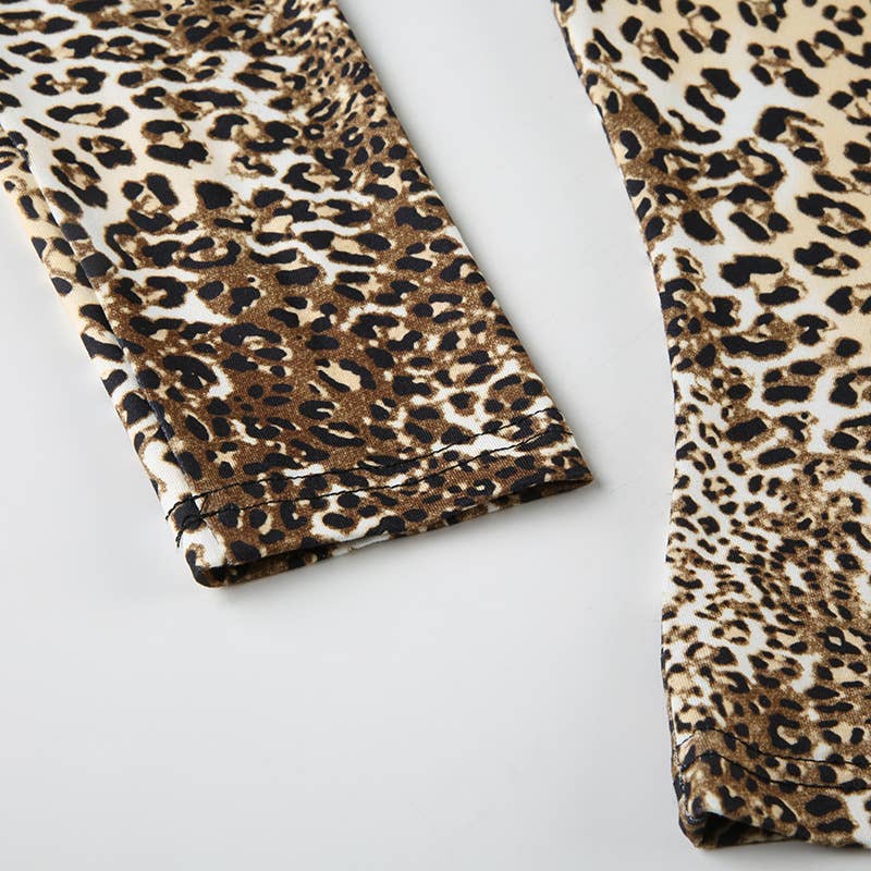 SQUARE COLLAR LEOPARD PRINT LACE LONG SLEEVE TOP
