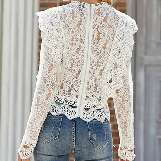 Solid color cutout lace crop long sleeve top