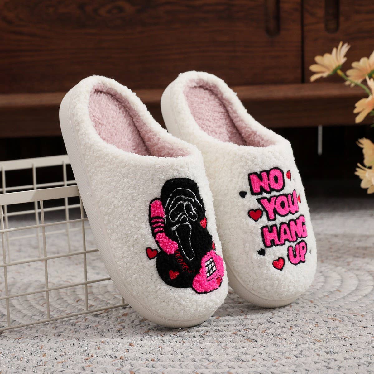 Halloween Skull Embroidered Plush Slippers_CWSHF00221