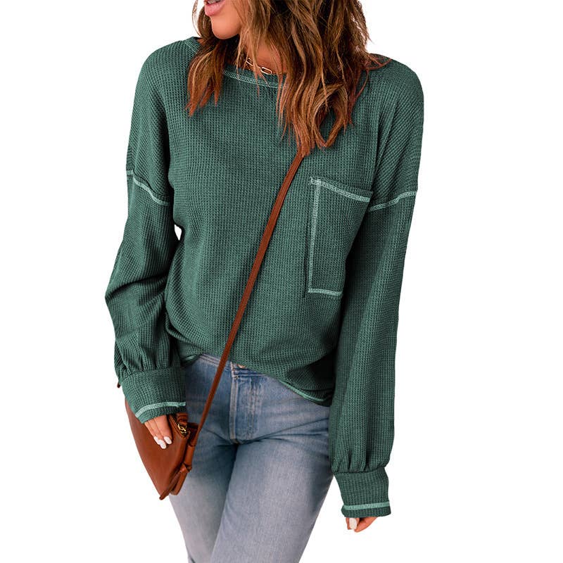 WAFFLE SOLID COLOR POCKET KNITTED TOP WOMAN