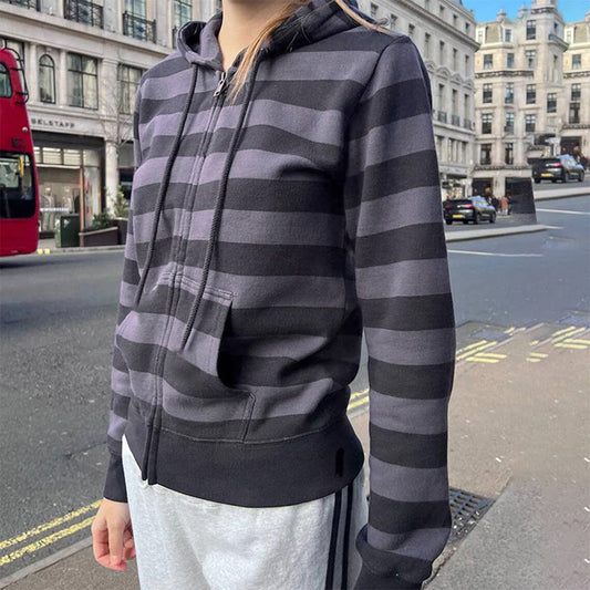 BASIC ZIPPER STRIPED COLOR CONTRAST CASUAL HOODIE