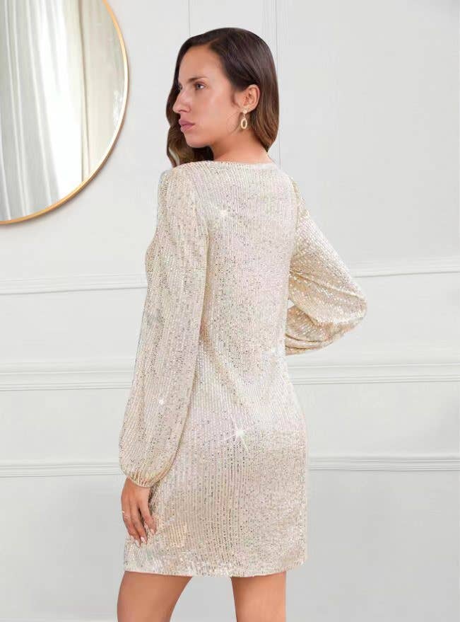 Long-sleeved V-neck slim fashion sequined dress