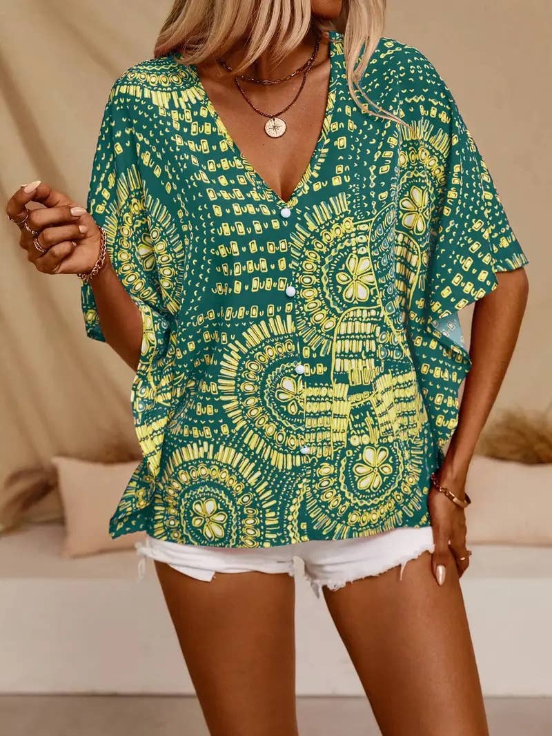 V-neck printed resort-style batsleeved top