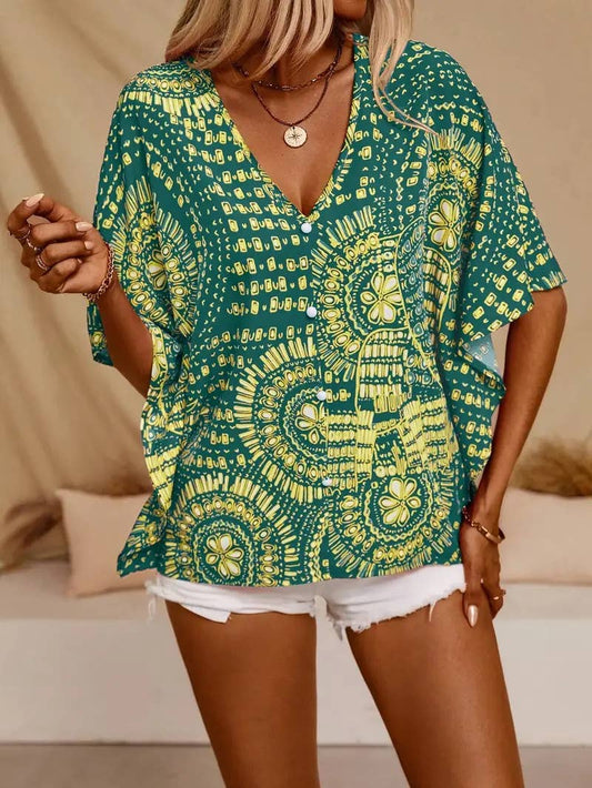 V-neck printed resort-style batsleeved top