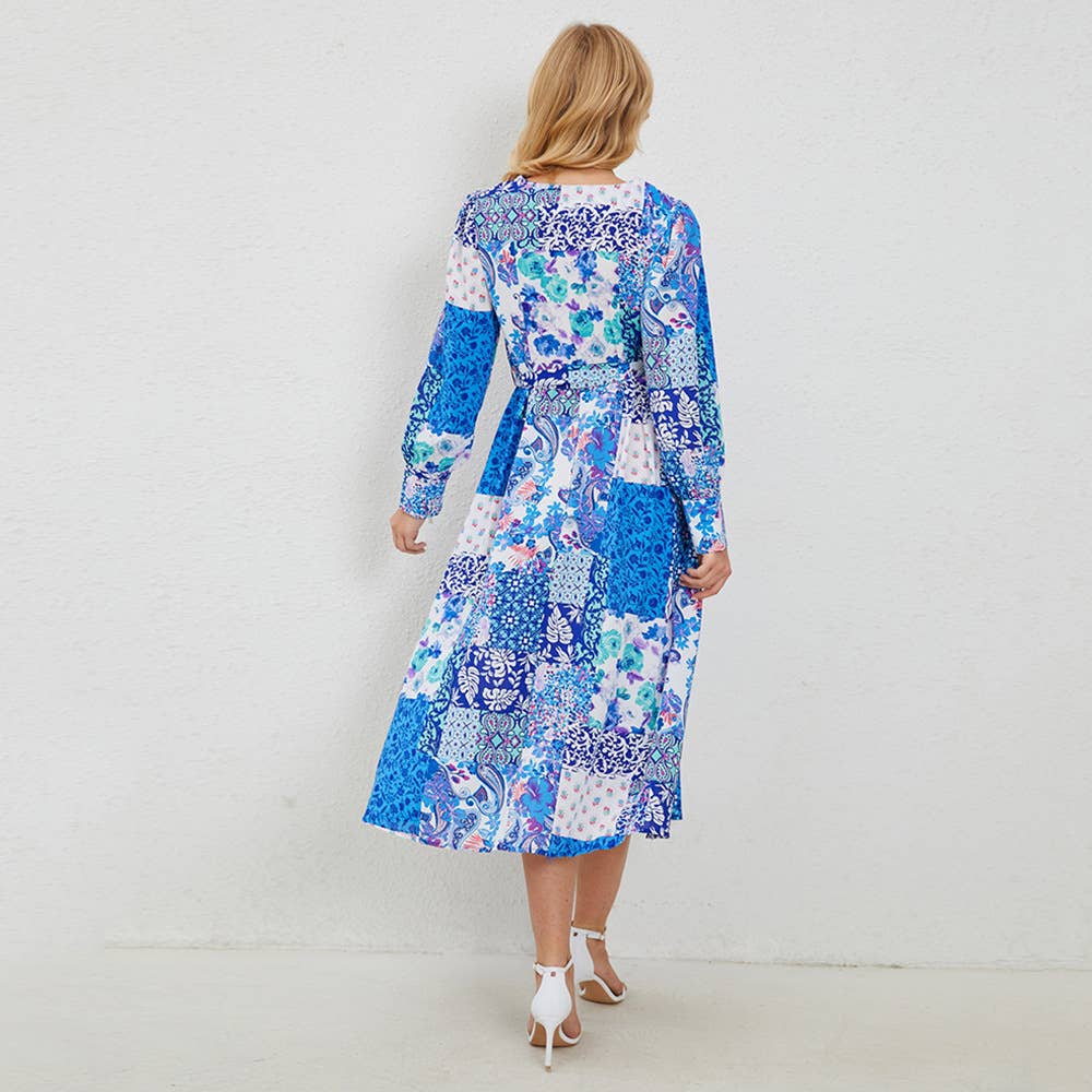 Printed belt A-line skirt long-sleeved dress