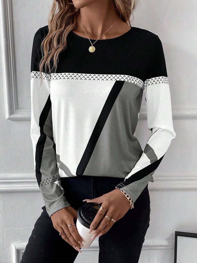 Round-neck color-blocking geometric print top