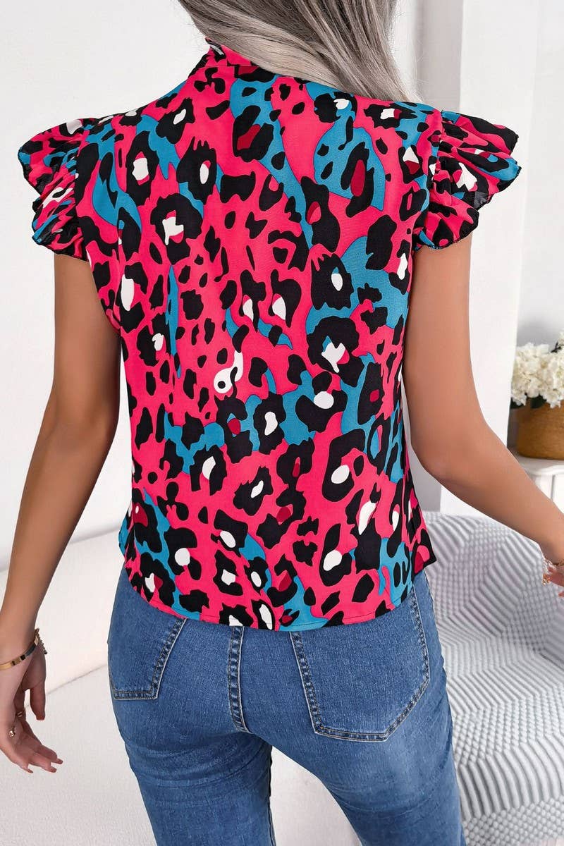 LEOPARD AURICULAR TRIMMED LACE CHIFFON BLOUSE_CWTSTSL0035