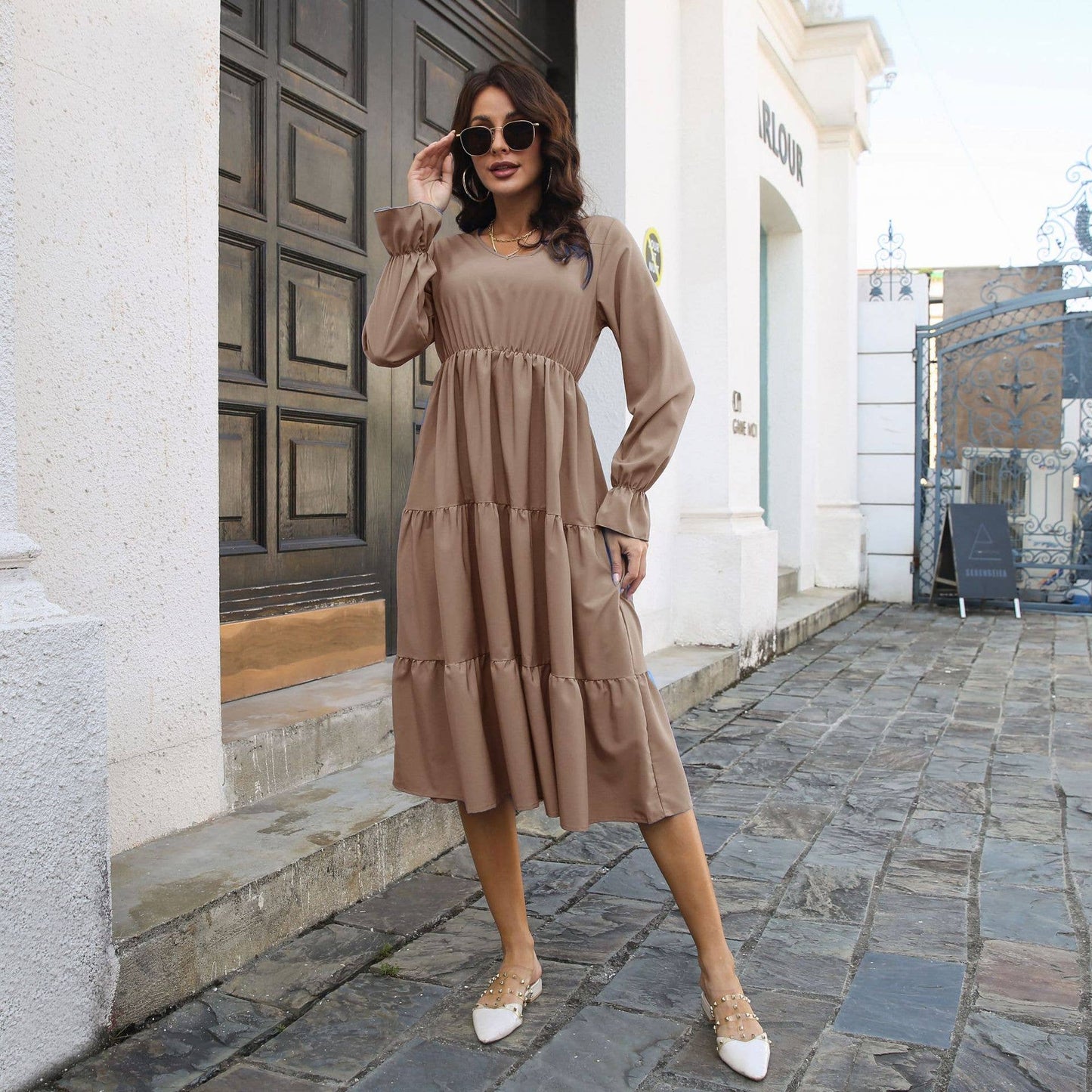 V-NECK LAYERED FLARED SLEEVES LONG-SLEEVED DRESS