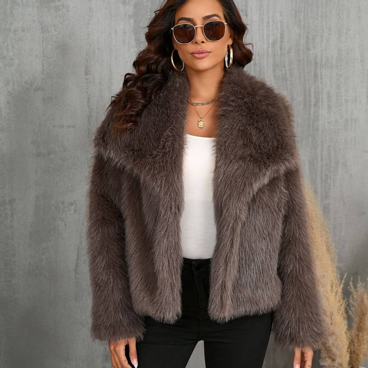 Faux Fox Fur Short Coat with Large Lapel
