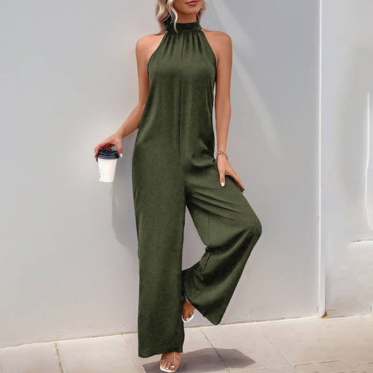 Solid color wide-leg romper with casual high neck