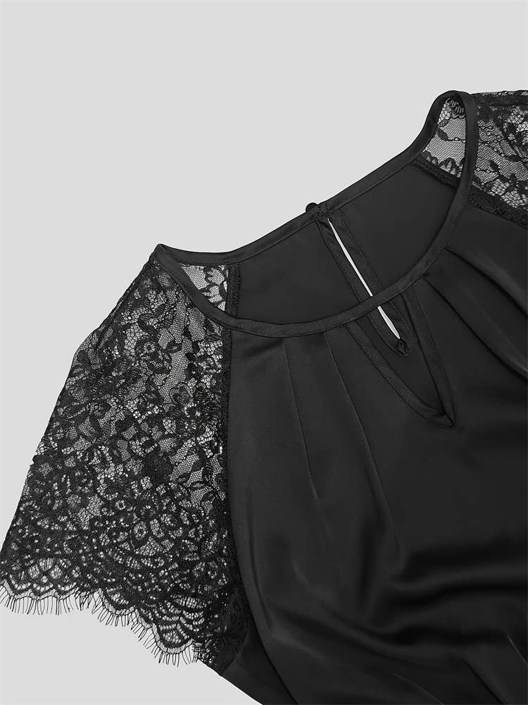 Patchwork see-through cuff cuff lace-A-line dress