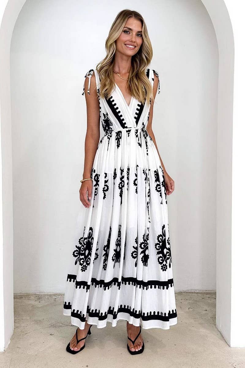 CWDMD6297_NEW SUMMER PRINTED V-NECK WAISTED DRESS