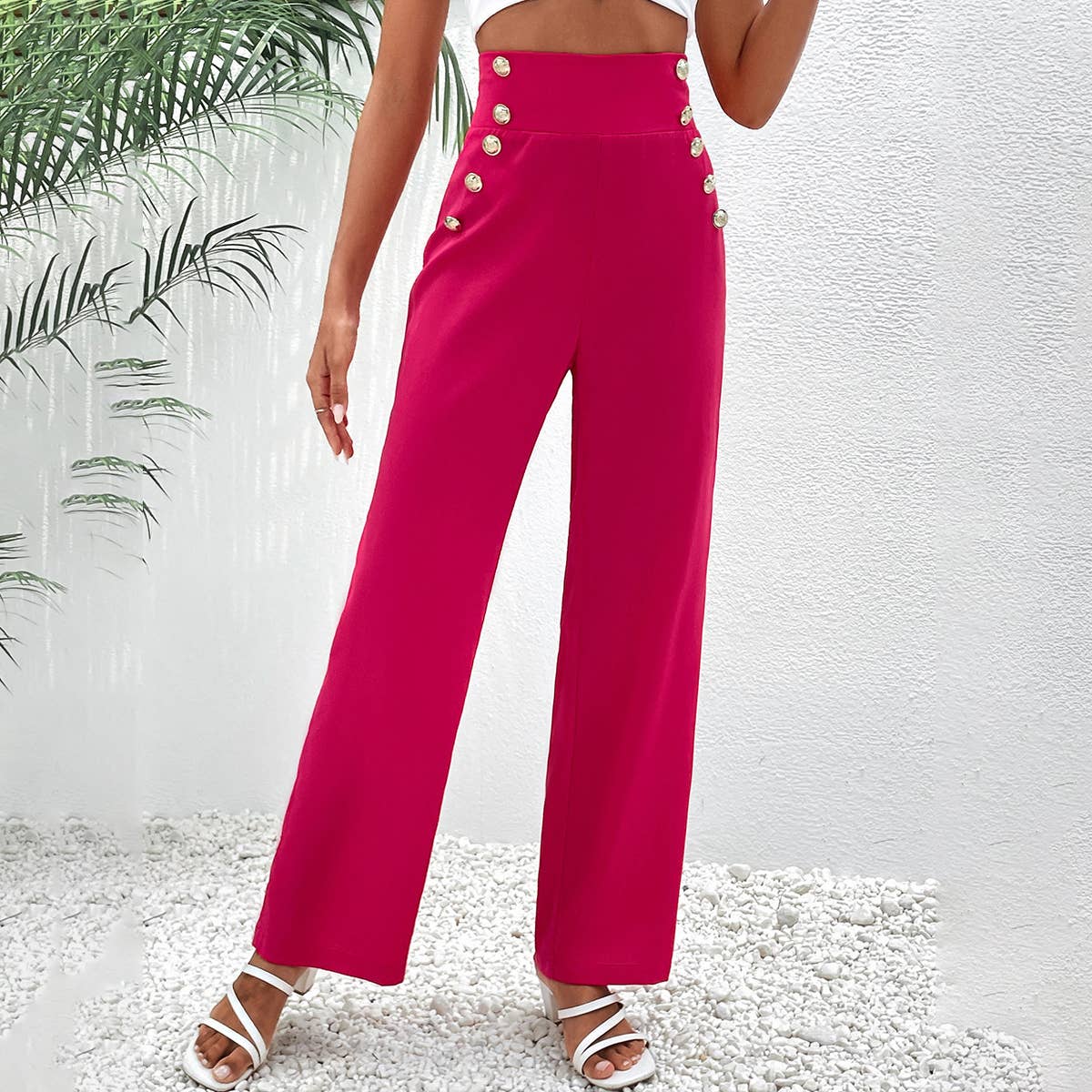 Embellished button-up wide-leg pants